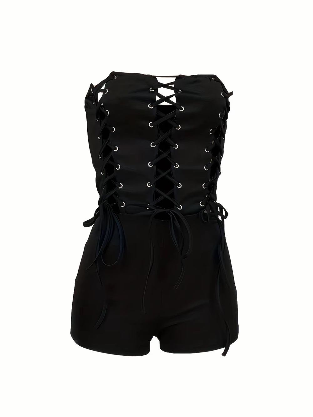 Black Lace-Up Strapless Romper